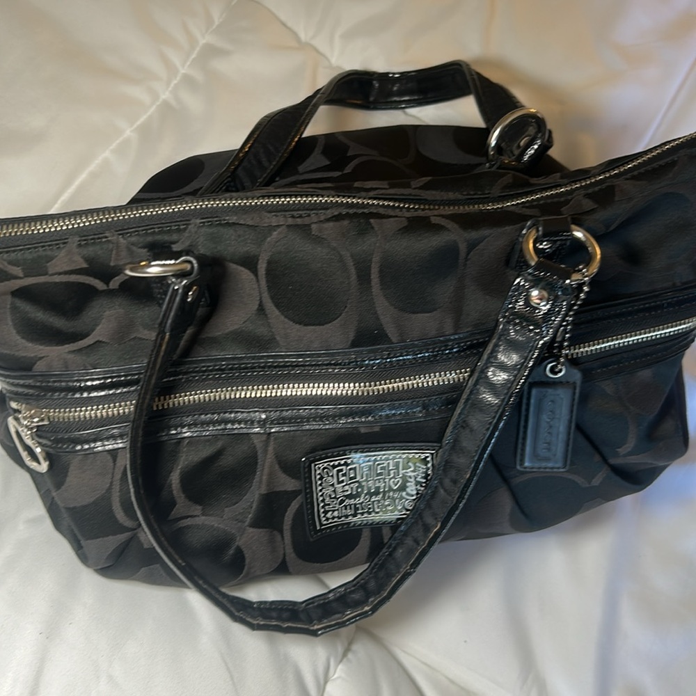 Coach Black Signature Shoulder Bag with Leather Trim